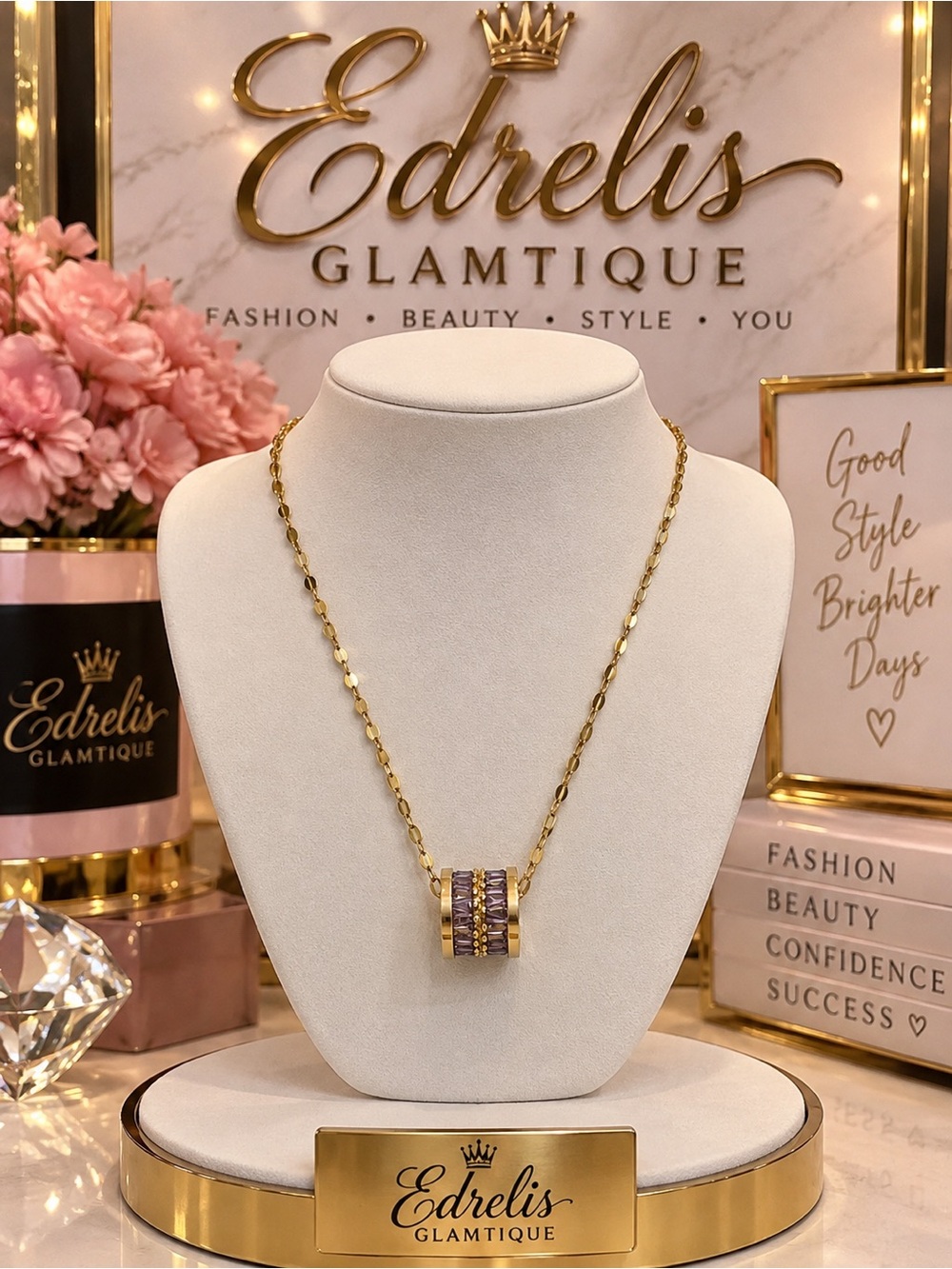 Titanium Steel Gold Necklace with Purple Accent Pendant
